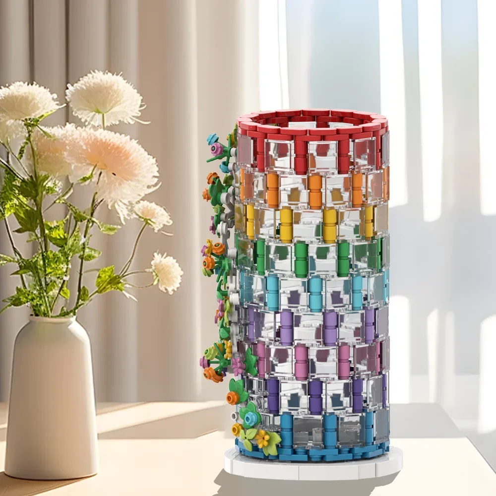 MOC Rainbow Vase Model Building Blocks Living Room Bedroom Decoration Flower Vase Assembled Bricks Girls Toys Creativity Gift