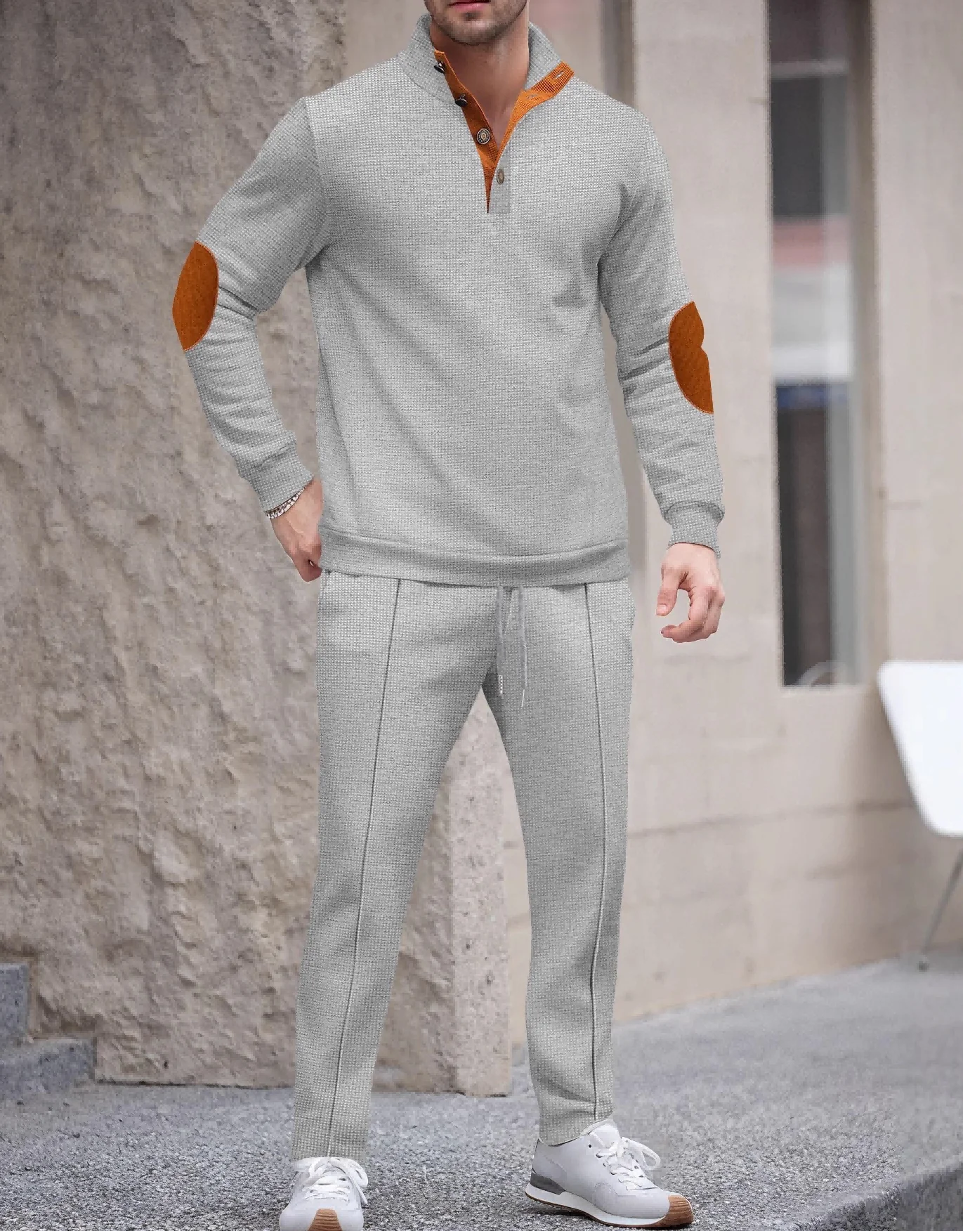 

Мужские осенние новые поступления, комплект спортивных штанов с длинными рукавами и воротником-стойкой на пуговицах и нашивкой на локтях в американском стиле