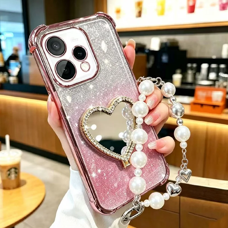 Bracelet Glitter Heart Mirror Holder Stand Case For Samsung A17 A27 A37 A57 A07 A16 A36 A56 A15 A35 A55 A25 A26 Shockproof Cover