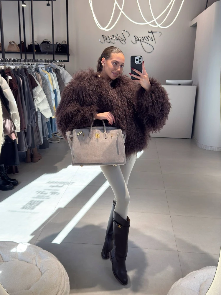 معطف نسائي قصير من الفرو الصناعي أنيق بدون ياقة وأكمام طويلة سترة دافئة فضفاضة موضة شتاء 2025 Y2k سترات خارجية عالية الشارع