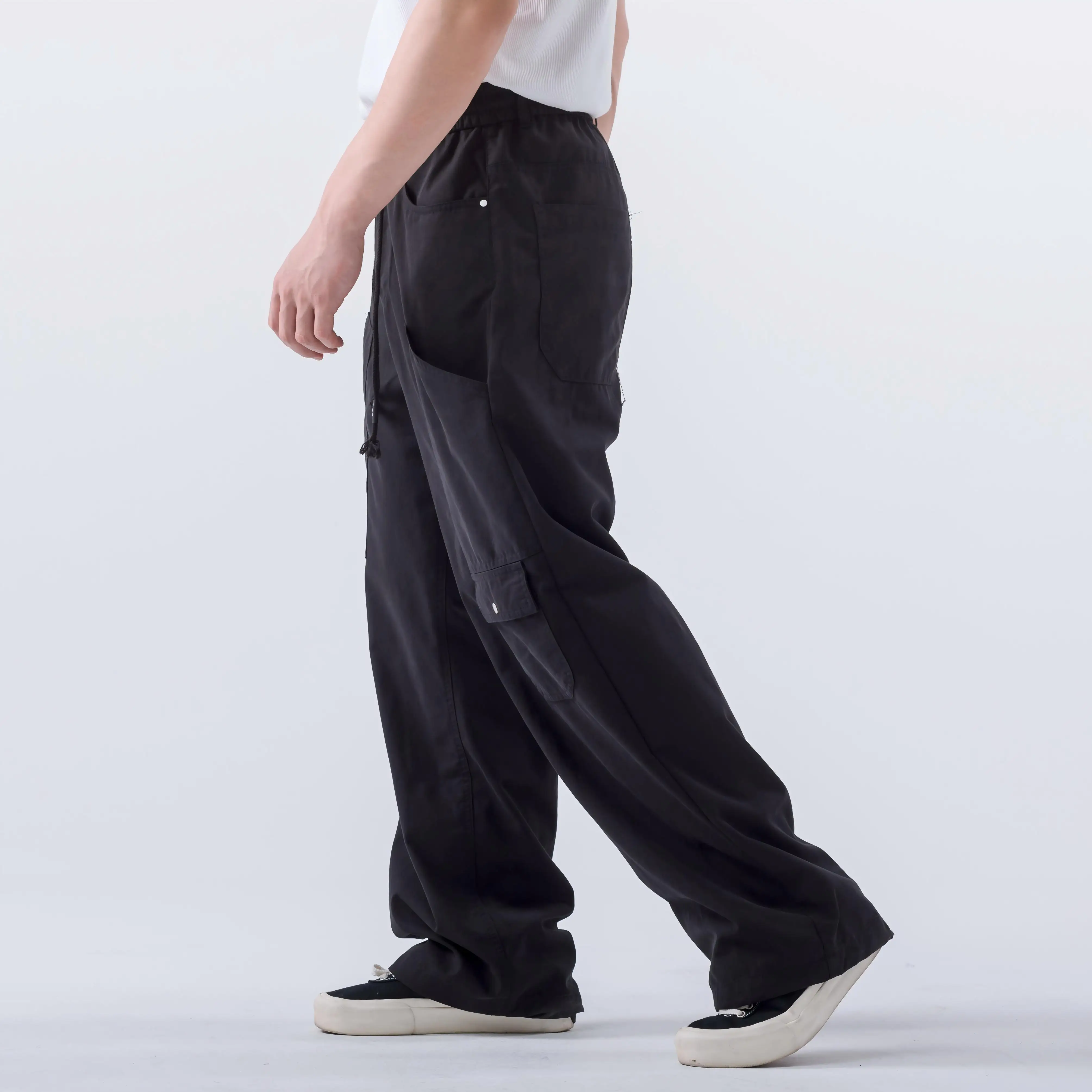 Black High Street Hip Hop Flared Work Pants High Street Wide Leg Pants Baggy Zip up Drawstring Oversize Cargo Pants