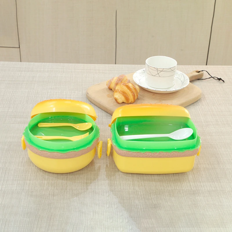 Hamburger Lunch Box Double Tier Cute Burger Bento Box microonde bambini pasto scolastico cibo Snack contenitore di frutta 1000/800ml