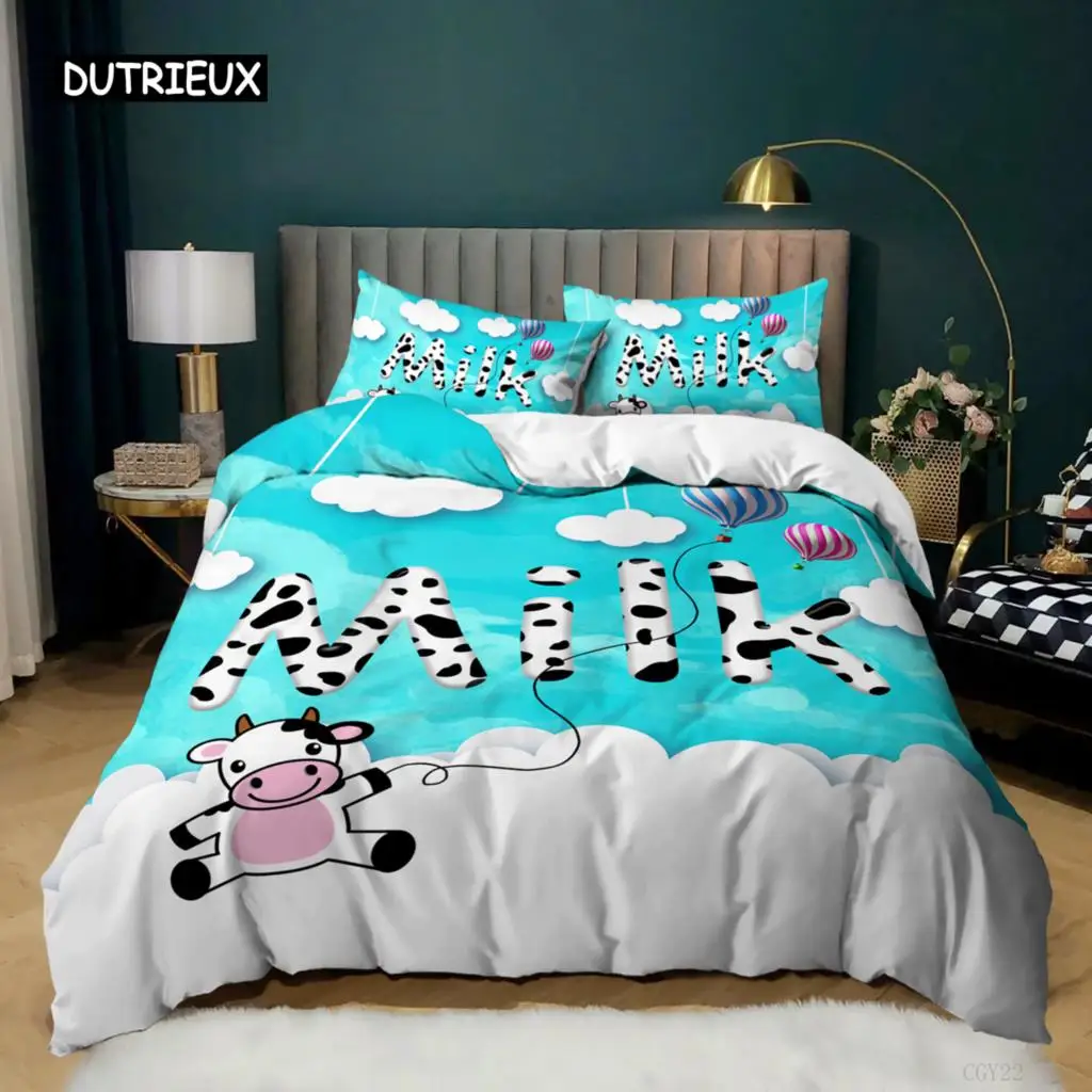 Cow Duvet Cover Set King Size Milk Cows Animal Bedding Set Microfiber Blue Sky and White Clouds Balloon Farm Theme Quilt Cover