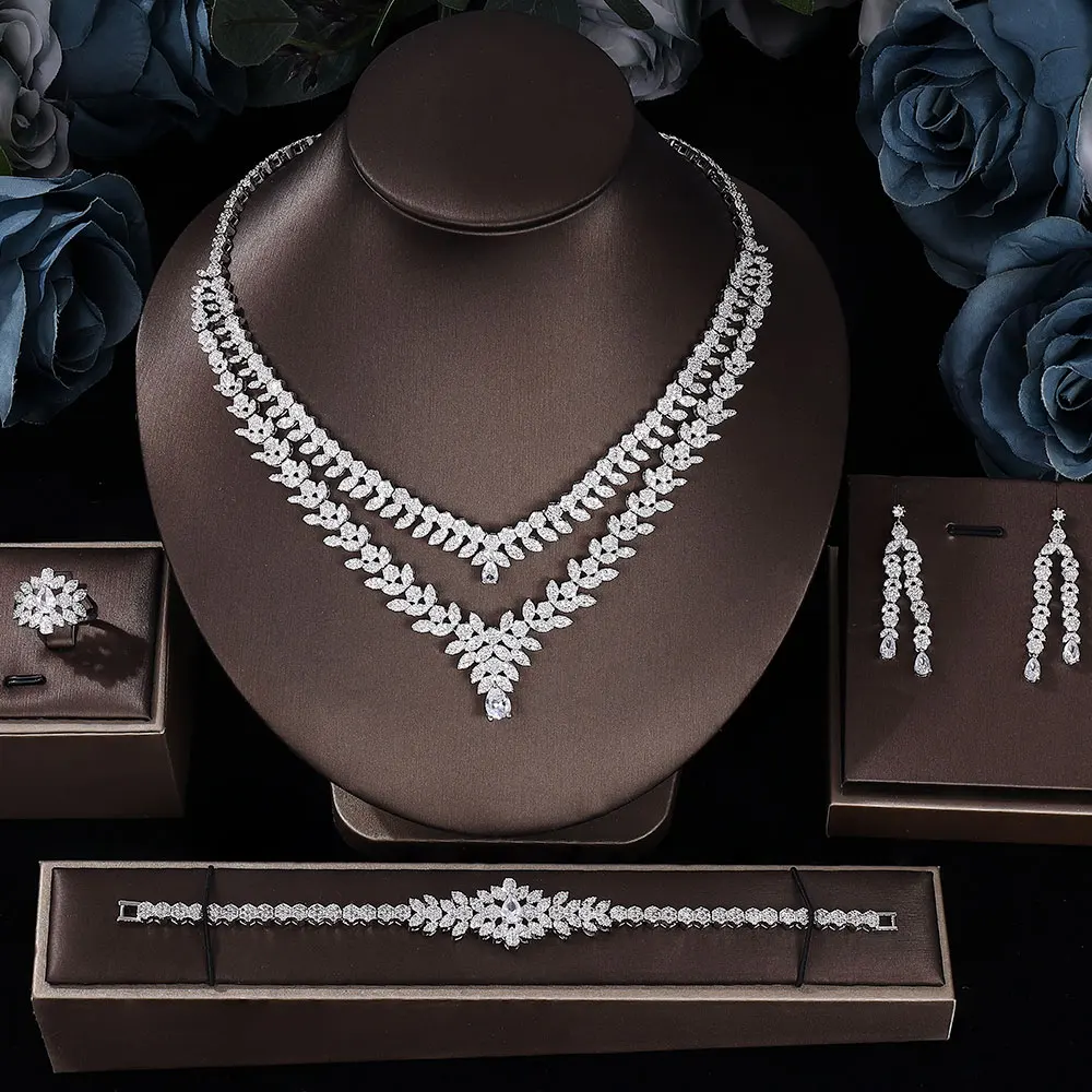 

2023 New Nigeria 4-piece Bridal Zirconia Jewelry Set for Women's Parties, Deluxe Dubai Nigeria Crystal Wedding Jewelry Set