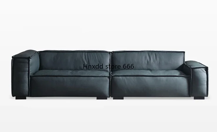 Tofu cubes leather sofa first layer cowhide straight row three people