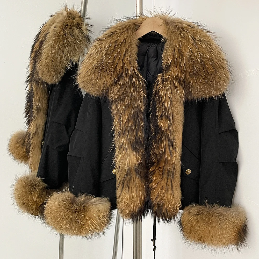 White Duck Down Reality Fur Coat Women New Fox Fur Collar Autumn Winter Fashion Warm Coat Natural Raccoon Fur Puffer Jacket