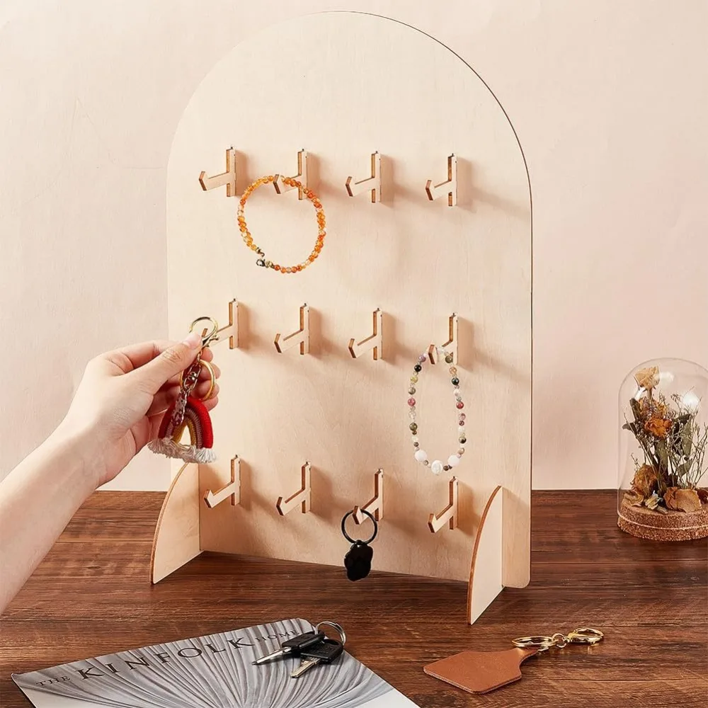 

Wooden Earring Display Rack Detachable 3 Layers Necklace Display Stand Arch Hook Style Bracelet Organizer Rack Trade Show