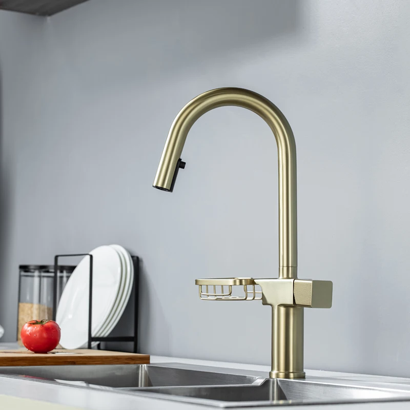 Brushed Gold Kitchen Sink Faucets with Pull Down Sprayer Sink Deck Mounted Kitchen Pull Out Faucet