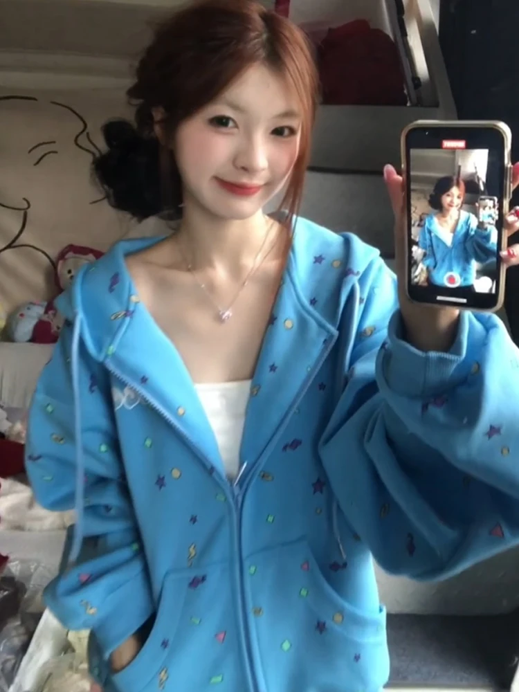 Luźna bluza z kapturem damska wiosenno-jesienna z nadrukiem gwiazd, styl high street, swobodna, wygodna odzież wierzchnia streetwear