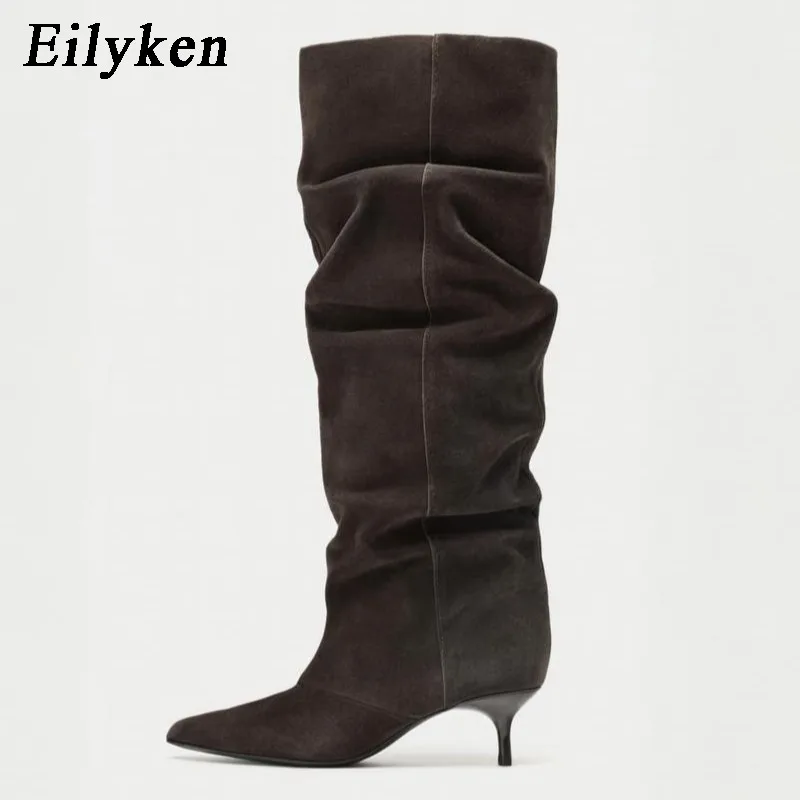 Eilyken Winter Pleated Knee High Boots Women Retro Pointed Toe Kitten Heels Boots Designer Comfortable Light Botas Mujer