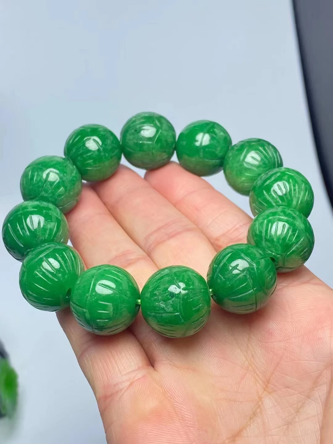 Light Carved Natural Jadeite Green Round-Beads Hand-String Handcarved Jadeite Bracelets Jewelry For Women Charm Jade Bangles