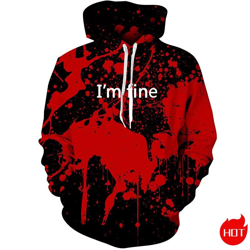 Horror 3D Red Bloody Patterns Printing Hoodies Fashion Halloween Graphic Hooded Sweatshirts Kid Cool Pullovers Mens Clothing Top