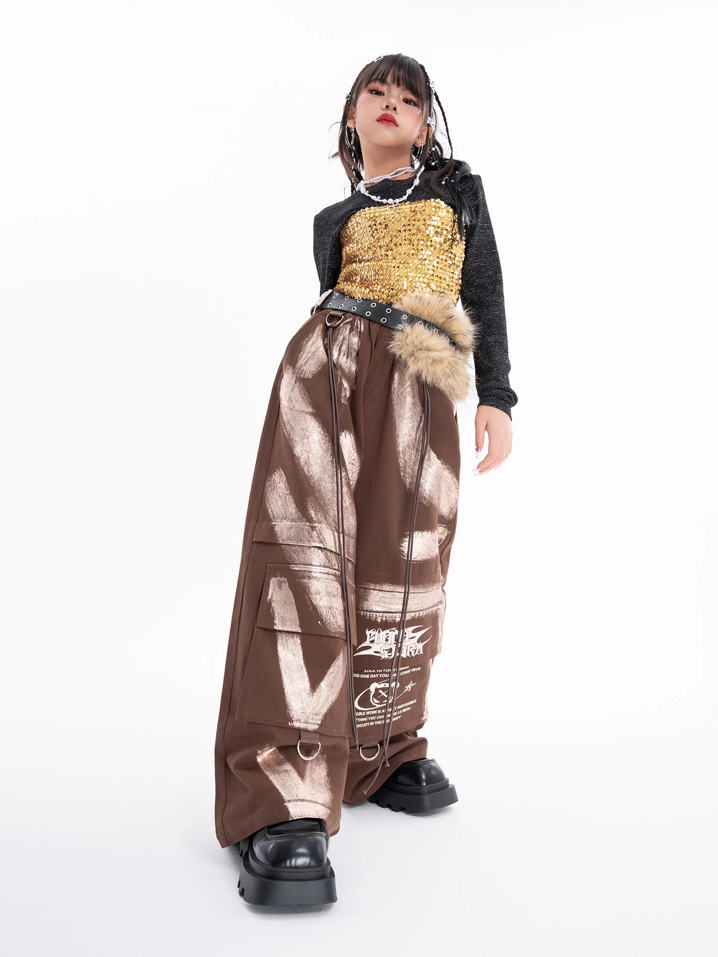 2025 Girls Fashion Jazz Costumes Golden Sequin Vest Lace Shorts Brown Pants Hip Hop Kpop Performance Outfits Stage Wear BL17518