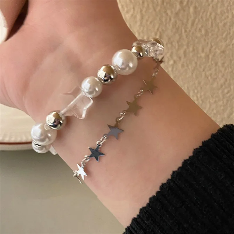 Women Jewelry Harajuku Shiny Star Pearl Beaded Bracelet Y2K Kpop Accessories Adjustable Bracelet Star Tassel Chain Pulseras Gift