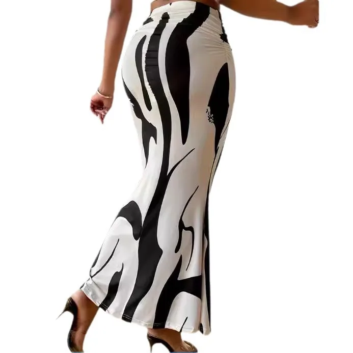 Dressy Casual Graphic Zebra Print Pleated Long Skirts Women Autumn Fashion Elastic High Waist Geometry Midi Skirt Streetwear