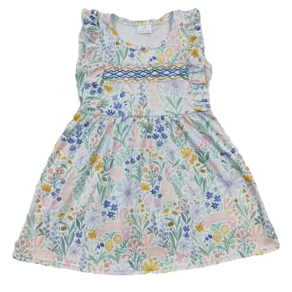 

GSD0272 Flutter sleeves rabbit floral embroidery baby girls dresses