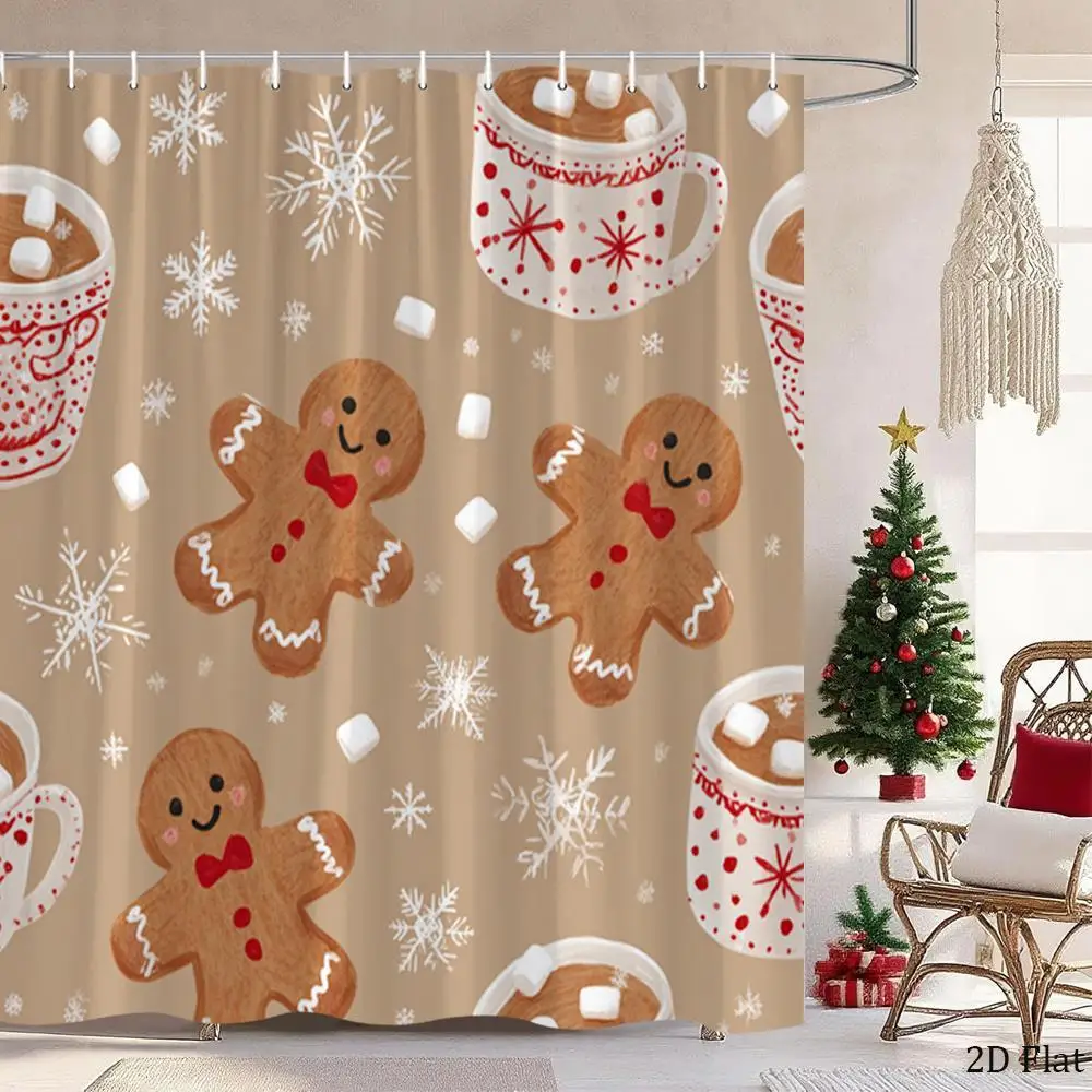 2D Flat, 1pc Christmas Gingerbread Shower Curtain with Snowflake & Hot Cocoa Pattern - Vintage Winter Bath Curtain, Gingerbread And Candy Cane Design, Machine Washable with Hooks for Tub (70.8