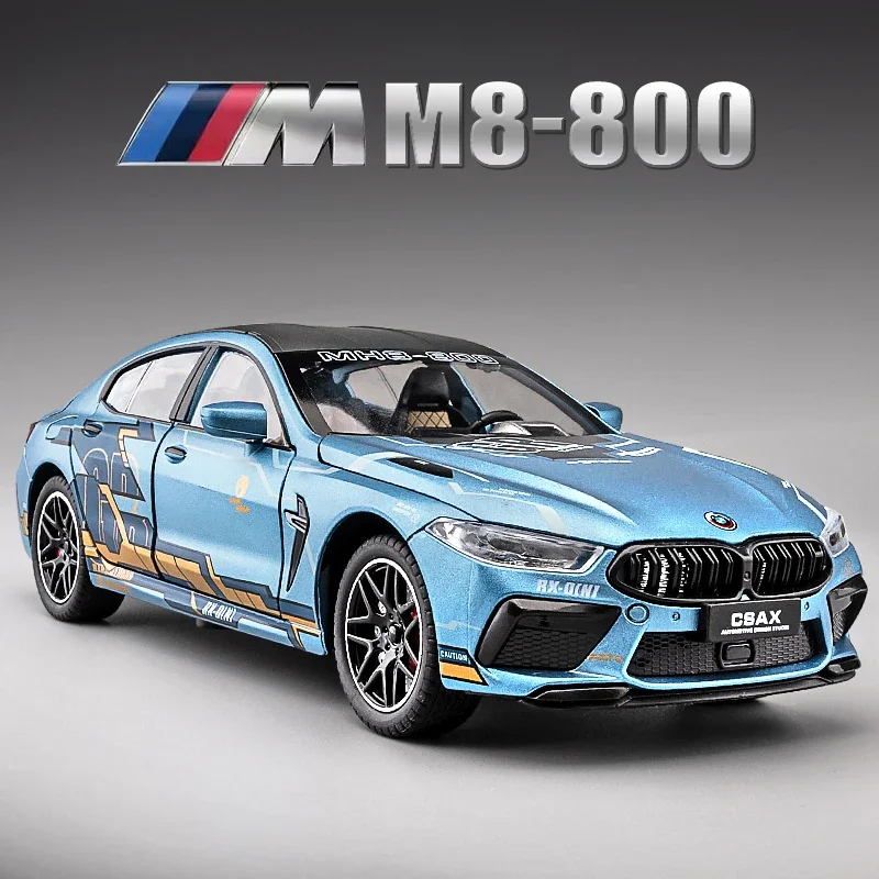 BMW M8 modelo supercar para crianças, carro de liga, som e luz, puxar para trás, Die Cast, brinquedo infantil, colecionáveis, presente de