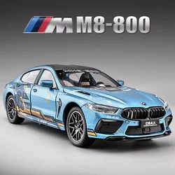 BMW M8 modelo supercar para crianças, carro de liga, som e luz, puxar para trás, Die Cast, brinquedo infantil, colecionáveis, presente de aniversário, 1:24