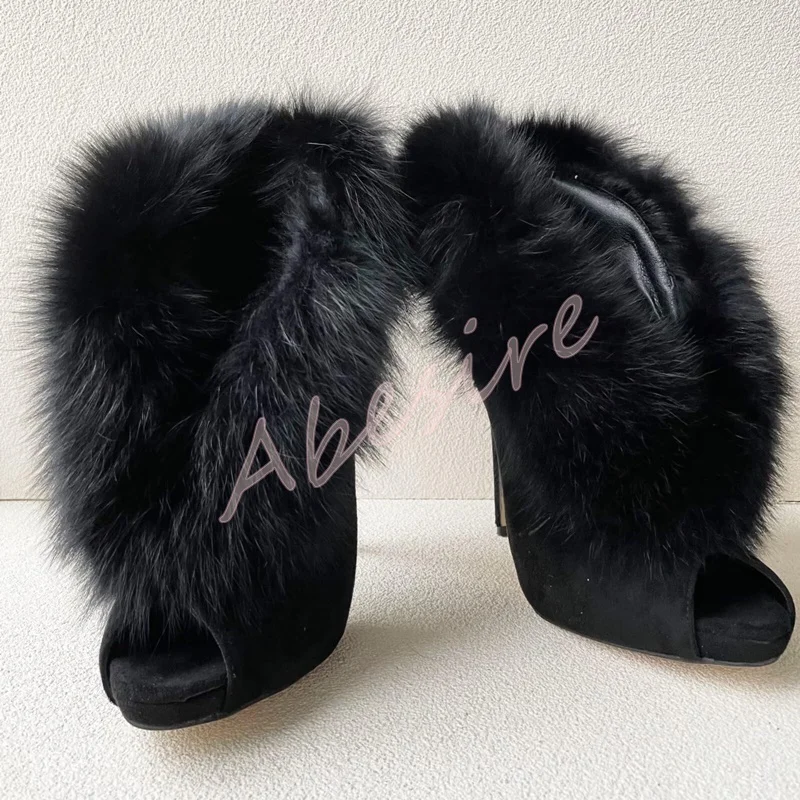 Autumn Suede Open-Toe Bare Boots Original Stiletto Heels Slip-On Furry High Heels Fashion Party Trend Banquet Short Boots 46