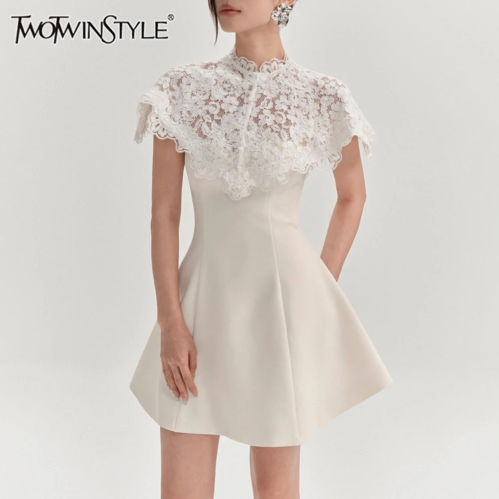 TWOTWINSTYLE Solid Slimming Elegant Dresses for Women Strapless Sleeveless High Waist Patchwork Lace Shawl Dress Female Clothing