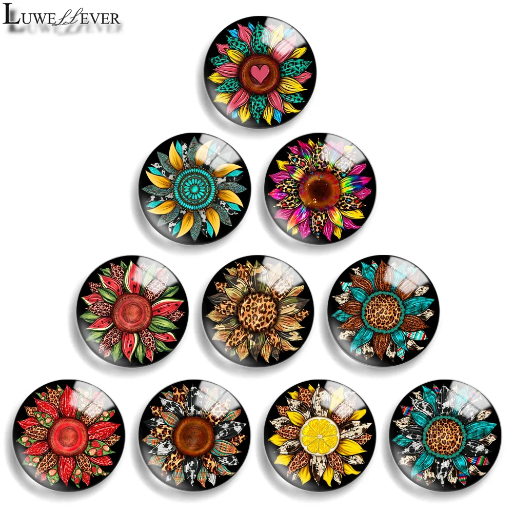 

12mm 10mm 20mm 25mm 30mm 40mm 870 Sunflower Mix Round Glass Cabochon Jewelry Finding 18mm Snap Button Charm Bracelet