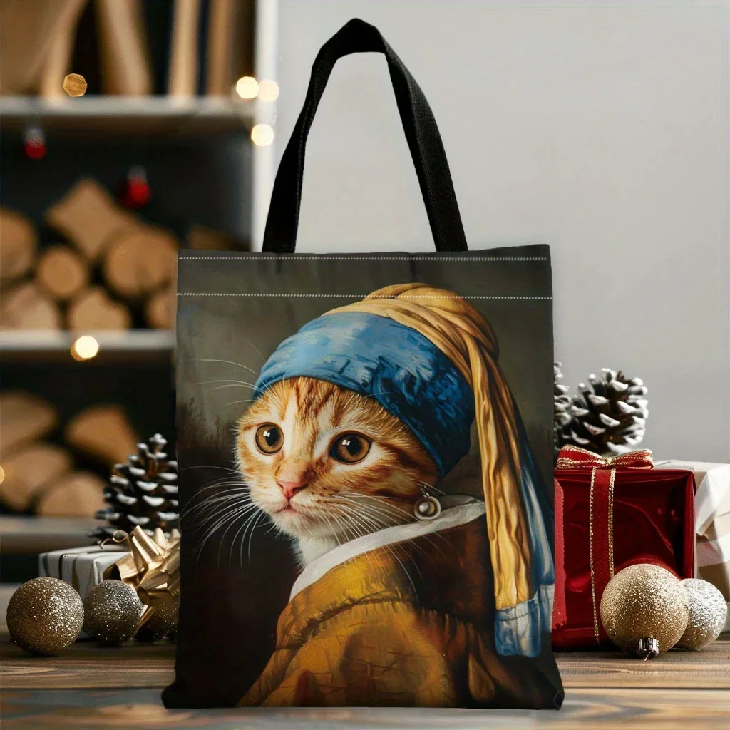 Fashion Element 1pc Tote Bag Featuring a Famous Painting of a Kitten Pattern, Ideal for Shopping Shoulder Shopper Bags