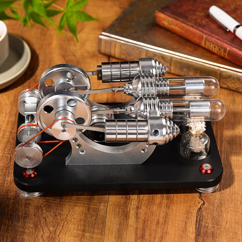 Powerable Balance Metal Dual Cylinder Stirling Engine Generator External Combustion Engine Model Adults Men Experiment Toy