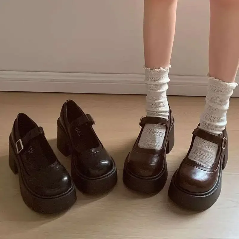 

Женские туфли на высоком каблуке с толстой подошвой, весна-осень 2021, студенческая обувь в консервативном стиле с мелкими рюшами, кожаная обувь