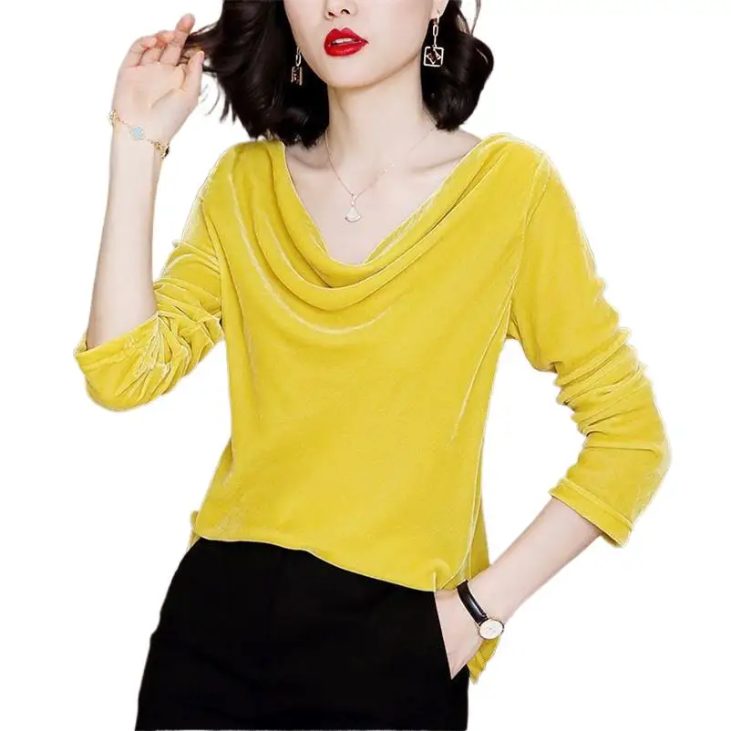 

Ladies Velvet Autumn Full Sleeve Solid Bottom Shirt Office Elegant Basic Top Women Winter New Fashion Shirt Tops T-shirts