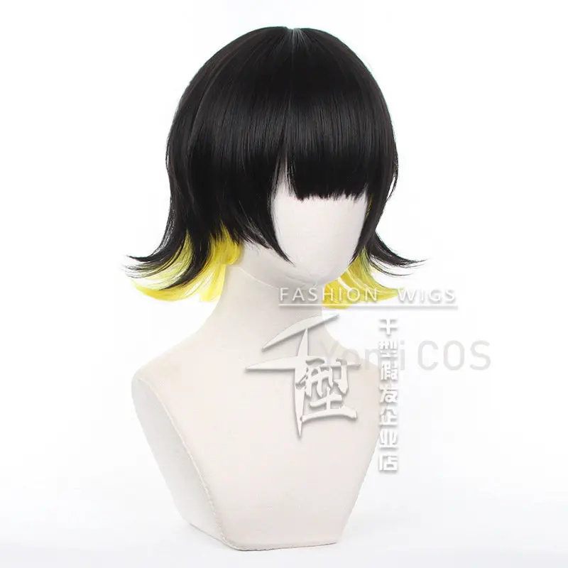 Anime azul bloqueio Cosplay peruca para homens, Bachira Meguru, cor preto e amarelo, cabelo curto, jogador de futebol, Halloween Roleplay, novo, 33cm