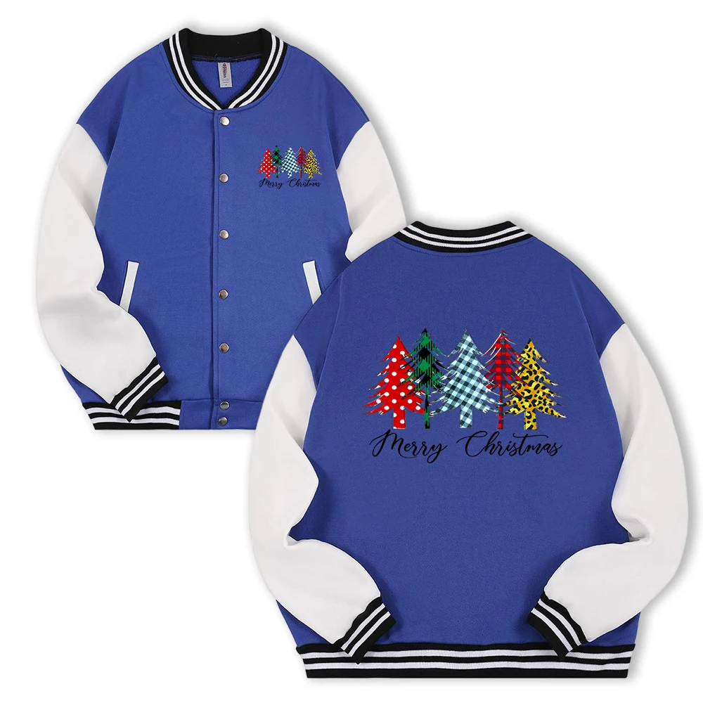 

5 Beautiful Christmas Trees Print Coat Men Fleece Baseball Jackets Autumn Loose Retro Jacket Casual All-Match Streetwear Unisex