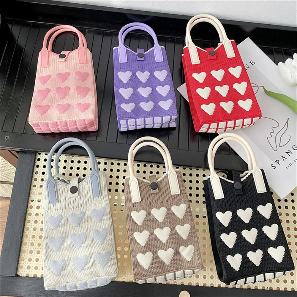 Fashion Knitting Small Crossbody Bags Women Sweet Love Heart Mini Shoulder Mobile Phone Bag Ladies Portable Tote Woven Handbags