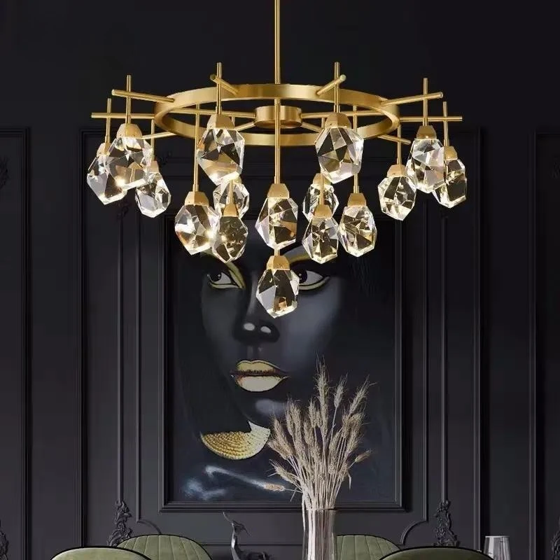 Luxury Round Crystal Chandelier Gold Finish Modern Ceiling Light Fixture for Living Room Dining Room Home Decor Lighting