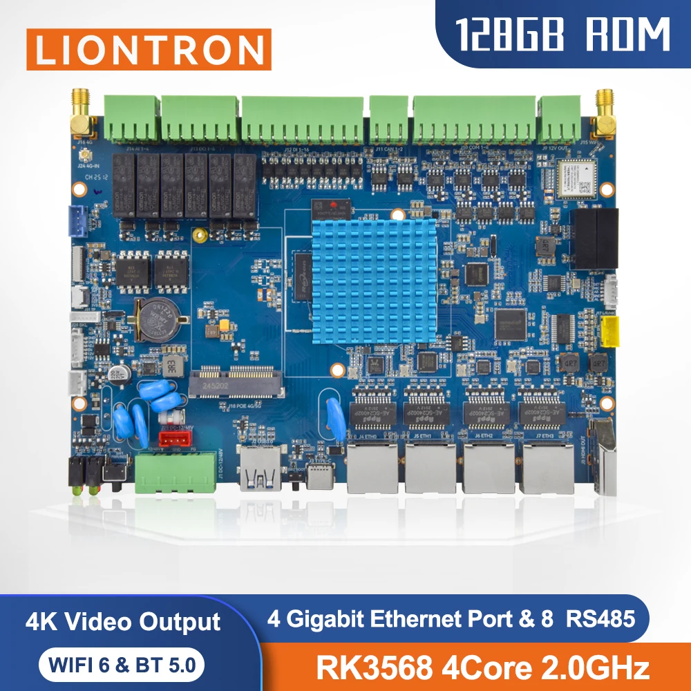 New Liontron 8*RS485 ECG-3568 8GB RAM Motherboard 4-way Gigabit Ethernet Ubuntu20.04 Debian11 Android ARM Emmc Development Board