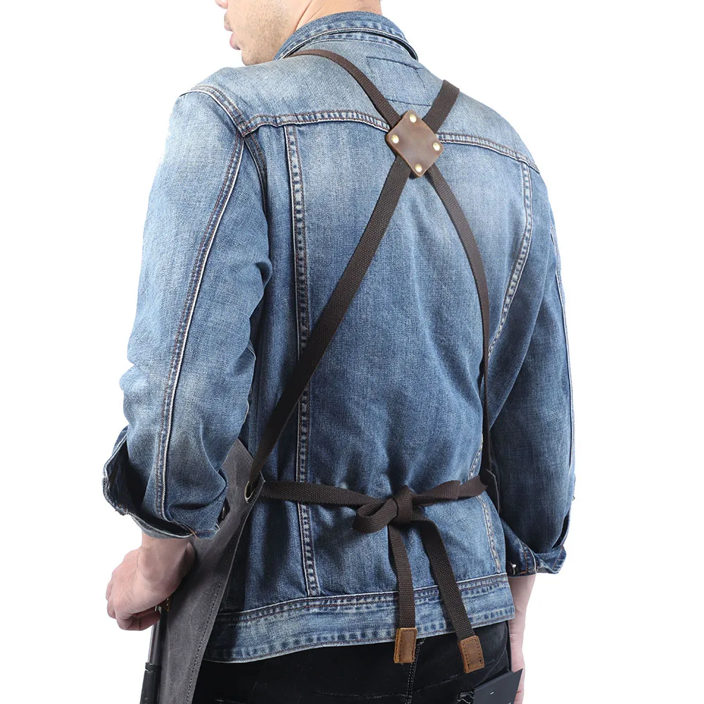 S.WORKER Leinwand-Arbeitsschürze mit Echtem Leder für Friseure und Gärtner, Professionelle Schürze mit Verstellbarer Taille und Taschen – Detail 6