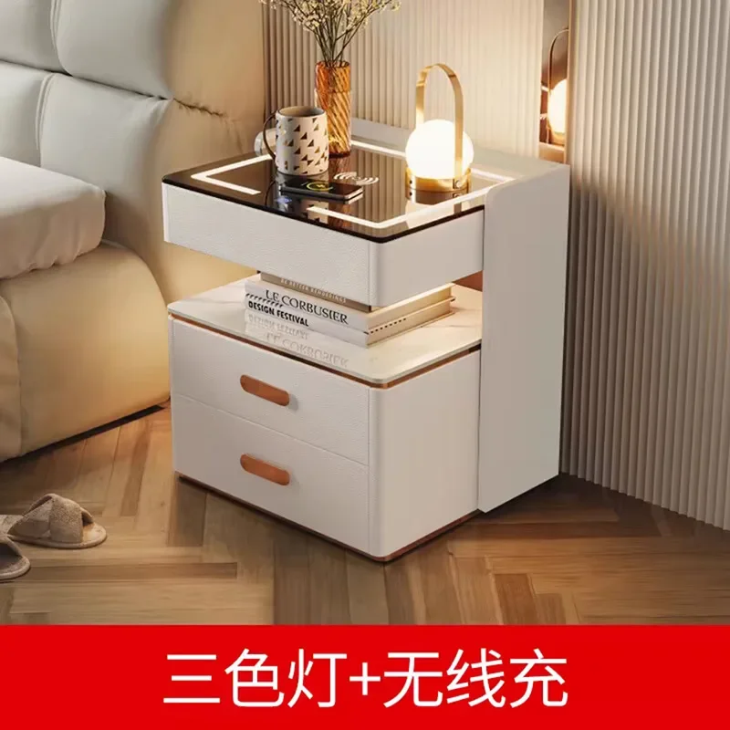 2026 Modern Luxury Wooden Wireless Charging Smart Bedside Table LED Light 3-Drawer Storage For Small Apartments Nightstands