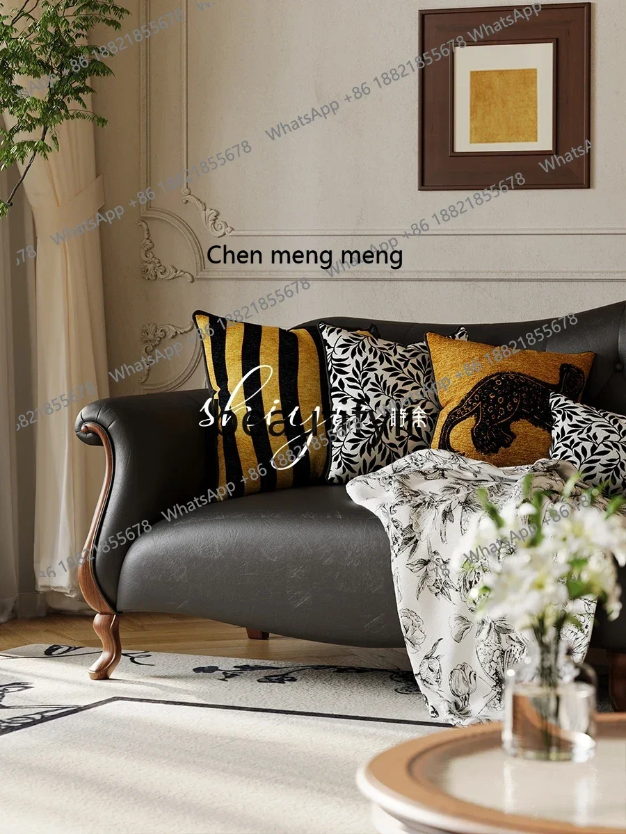 Sofa leather solid wood villa antique sofa combination retro style straight row small sofa