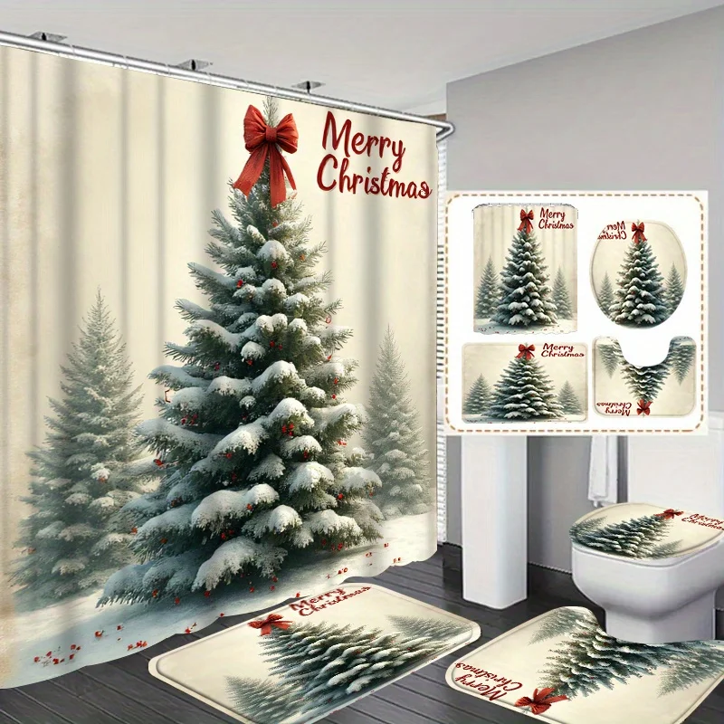 4pcs Merry Christmas Shower Curtain Set, Green Tree with Red Bow Snowy Forest Pattern, Non-Slip Bath Mat Festive Bathroom Decor