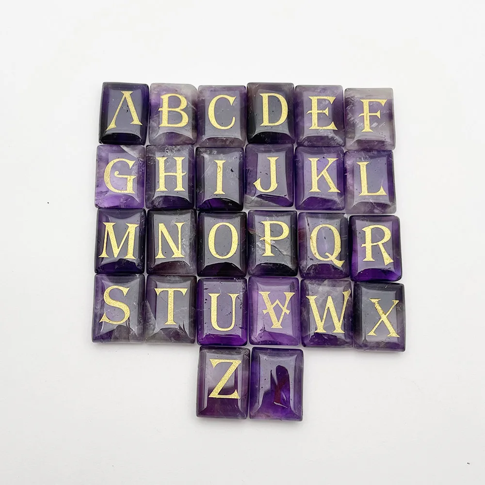 26pc Natural stone Amethyst 26 alphabet rune English letters Set Reiki Healing Crystals Divination Tumbled rectangle accessory