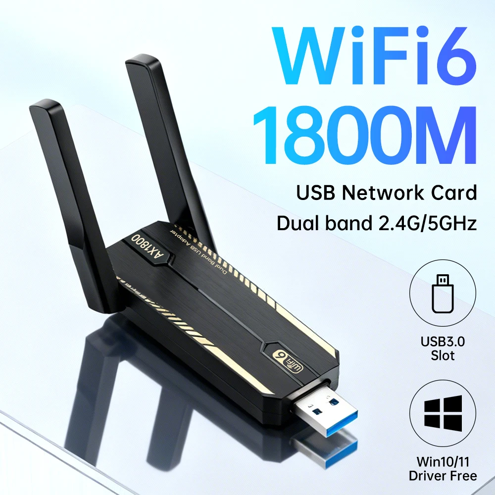 

AX1800 USB WiFi6 Adapter 1800Mbps Dual Band 2.4G/5GHz MU-MIMO Wireless Network Card for Desktop Laptop Windows 10/11 Driver Free