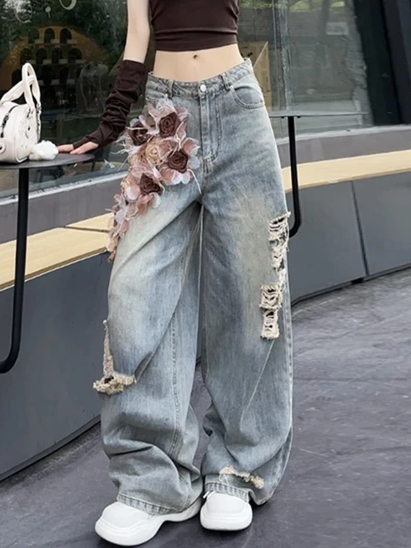

High Waist Loose Straight Leg Jeans Women's Summer New Embroidered Rose Hole Denim Pants Floor-Length Trousers Casual Style