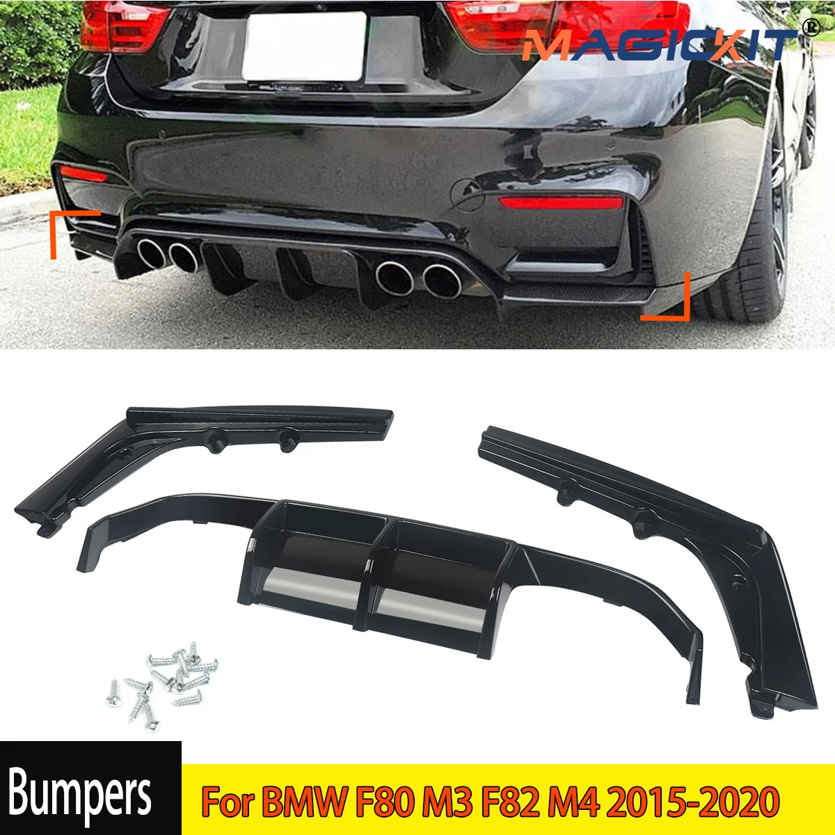 MagicKit PSM Style 3PCS Rear Diffuser Lip Glossy Black For BMW F80 M3 F82 M4 2015-2020