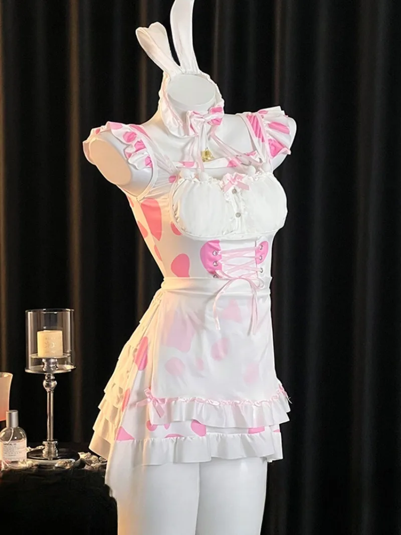 

Adorable Bunny-inspired Sleepwear Set for Women,Sweet Lace Bib and Backless Mini Dress,Cute and Comfortable Home Pajama Outfit