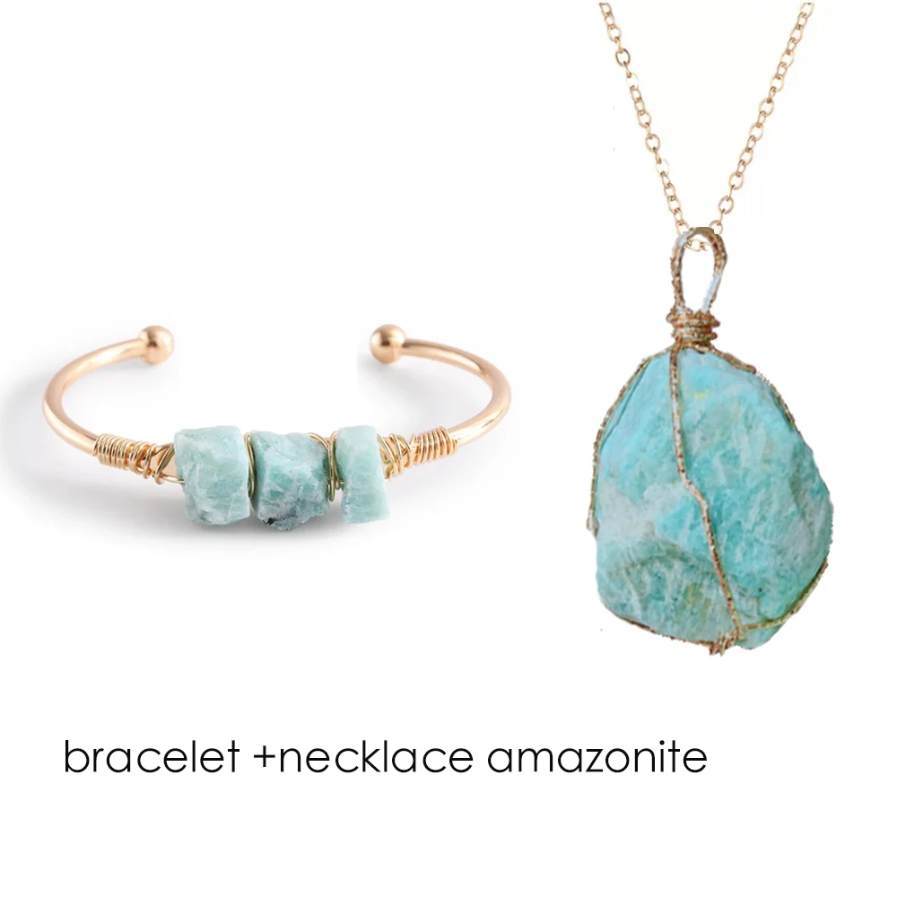 Brazalete abierto de piedra Natural para mujer, conjunto de joyería, cristal curativo, alambre de latón, amatistas, cuentas de amazonita