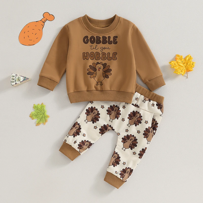 Setelan Hoodie dan celana bayi laki-laki, pakaian Thanksgiving lengan panjang motif Turki, Set pakaian musim gugur 2 potong untuk balita anak-anak