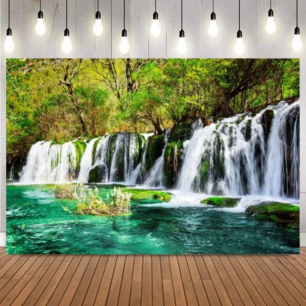 Fondo de tiro de lago de piscina verde de cascada de valle de la selva Tropical, fondo de fotografía de decoración de cumpleaños de paisaje natural