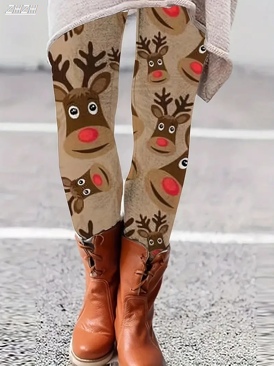 2025 패션 여성 레깅스 편안한 레깅스 휴가 빈티지 어글리 크리스마스 그래픽 크리스마스 프린팅 플리스 보온