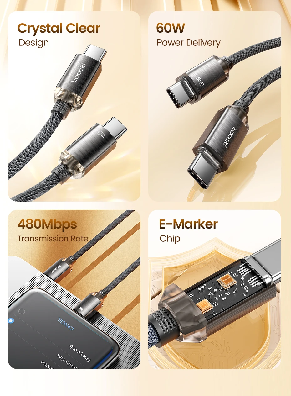 Toocki PD60W Type C to USB C Cable Fast Charge Mobile Cell Phone Charging Cord Wire For Xiaomi Samsung Huawei Macbook PC Table