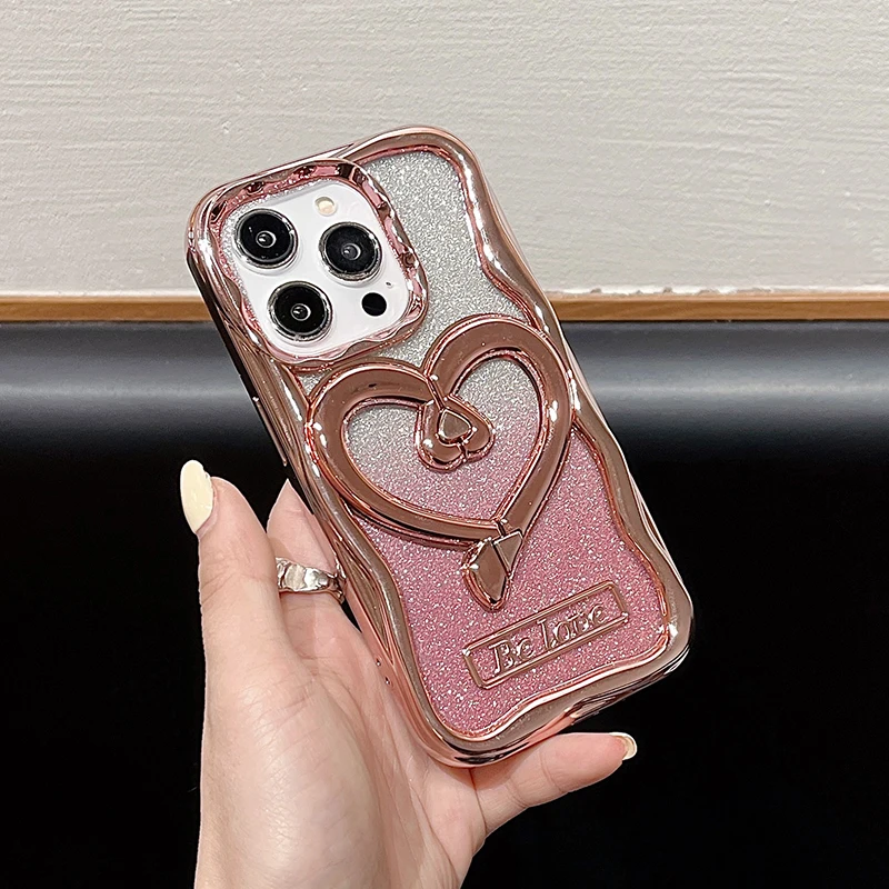 Fashion Romantic 3D Lover Heart Holder Stand Case For iPhone 15 Pro Max 16 14 13 12 11 Plating Shockpoof Bling Cover